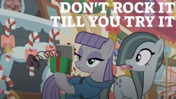 Size: 1920x1080 | Tagged: safe, edit, edited screencap, editor:quoterific, screencap, marble pie, maud pie, best gift ever, g4, christmas decoration, duo, hearth's warming, present, rock
