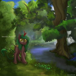 Size: 2048x2048 | Tagged: safe, artist:exploretheweb, oc, oc:selketo, firefly (insect), insect, kirin, flower, forest, high res, kirin oc, lake, long mane, looking at you, male, photo, plants, sky, solo, tail fluff, text, tree, water
