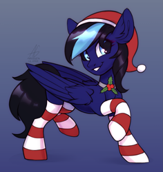 Size: 1299x1375 | Tagged: safe, artist:argigen, oc, oc only, oc:cobalt strike, pegasus, pony, rcf community, christmas, clothes, hat, holiday, santa hat, socks, solo, striped socks