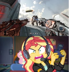 Size: 879x909 | Tagged: safe, artist:brandonale, edit, edited screencap, screencap, fluttershy, sunset shimmer, equestria girls, g4, game stream, my little pony equestria girls: better together, gamer sunset, wolfenstein new colossus