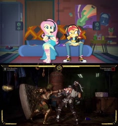 Size: 867x922 | Tagged: safe, artist:brandonale, edit, edited screencap, screencap, fluttershy, sunset shimmer, equestria girls, g4, game stream, my little pony equestria girls: better together, converse, gamer sunset, gamershy, mortal kombat, mortal kombat 11, scorpion (mortal kombat), shoes, sub-zero