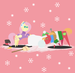 Size: 2232x2160 | Tagged: safe, anonymous artist, big macintosh, fluttershy, earth pony, pegasus, pony, series:fm holidays, series:hearth's warming advent calendar, g4, advent calendar, bipedal, bipedal leaning, broom, carrot, christmas, clothes, earmuffs, female, fluttershy's purple sweater, food, hat, high res, holiday, leaning, lineless, male, pointy ponies, pushing, scarf, ship:fluttermac, shipping, snow, snowflake, snowpony, straight, sweater, top hat, turtleneck, winter outfit