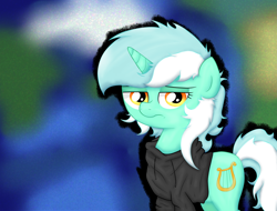Size: 5411x4115 | Tagged: safe, artist:background basset, lyra heartstrings, pony, unicorn, fanfic:background pony, g4, blurry background, clothes, depressed, dig the swell hoodie, female, hoodie, mare, sad, solo