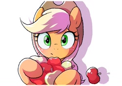 Size: 1457x1032 | Tagged: safe, artist:mochi_nation, applejack, earth pony, pony, g4, apple, bust, cute, female, food, jackabetes, looking at you, mare, simple background, solo, that pony sure does love apples, white background