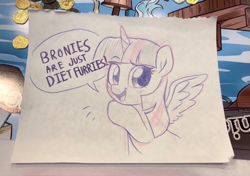 Size: 1078x760 | Tagged: artist needed, source needed, safe, twilight sparkle, alicorn, pony, g4, bronies are diet furries, bust, dialogue, female, irl, mare, open mouth, photo, smiling, solo, talking, traditional art, twilight sparkle (alicorn)