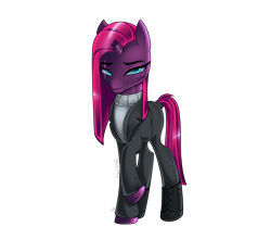 Size: 2500x2200 | Tagged: safe, artist:opal_radiance, fizzlepop berrytwist, tempest shadow, pony, unicorn, g4, alternate hairstyle, boots, broken horn, clothes, coat, eye scar, female, horn, jeans, mare, pants, raised hoof, scar, shoes, simple background, solo, sweater, transparent background