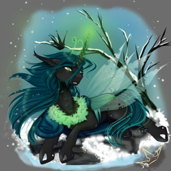 Size: 2000x2000 | Tagged: safe, artist:martazap3, queen chrysalis, alicorn, changeling, changeling queen, pony, g4, female, high res, horn, queen, solo, wings, winter