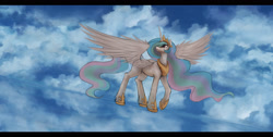 Size: 3500x1765 | Tagged: safe, artist:ventious, princess celestia, alicorn, pony, g4, cloud, dutch angle, female, letterboxing, looking up, mare, sky, solo, spread wings, water, wings, wip