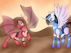 Size: 1024x768 | Tagged: safe, artist:valkiria, derpibooru exclusive, alicorn, bat pony, pony, angry, bat wings, belt, boots, clothes, commission, duo, ear piercing, earring, female, floppy ears, gloves, headband, horn, jewelry, kitana, leotard, looking at each other, mare, mask, mortal kombat, piercing, ponified, raised hoof, shoes, skarlet, wings
