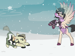Size: 1024x768 | Tagged: safe, artist:valkiria, derpibooru exclusive, alicorn, earth pony, pony, bipedal, clothes, commission, curved horn, dress, female, fight, gloves, headband, hoof shoes, horn, mare, mask, mileena, mortal kombat, pants, ponified, raised hoof, raised leg, snow, snowflake, sonya blade, sweatpants, tank top, wings, winter