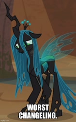 Size: 500x797 | Tagged: safe, edit, edited screencap, screencap, queen chrysalis, changeling, changeling queen, frenemies (episode), g4, abuse, cropped, crown, evil lair, female, frown, grogar's lair, imgflip, jewelry, lair, mare, op is a duck, op is trying to start shit, regalia, sad, solo, spread wings, standing, wings, worst changeling, worst pony