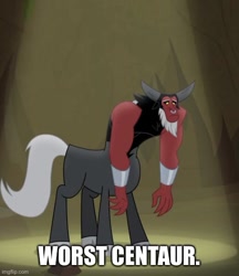 Size: 500x579 | Tagged: safe, edit, edited screencap, screencap, lord tirek, centaur, frenemies (episode), g4, my little pony: friendship is magic, abuse, bracer, caption, cloven hooves, colored hooves, cropped, floppy ears, image macro, nose piercing, nose ring, piercing, sad, septum piercing, spotlight, standing, text, worst centaur, worst pony