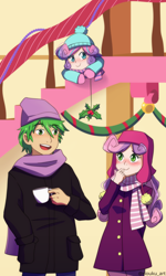 Size: 2100x3500 | Tagged: safe, artist:riouku, princess flurry heart, spike, sweetie belle, human, g4, blushing, clothes, commission, cute, female, flurry the shipper, hearth's warming eve, high res, holly, holly mistaken for mistletoe, humanized, male, ship:spikebelle, shipper on deck, shipping, staircase, straight, uncle spike, winter outfit