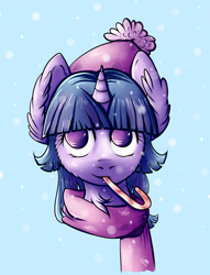 Size: 2903x3806 | Tagged: safe, artist:coco-drillo, twilight sparkle, pony, unicorn, g4, beanie, bust, candy, candy cane, chest fluff, clothes, ear fluff, food, hat, high res, lollipop, portrait, scarf, simple background, snow, snowfall, solo, winter