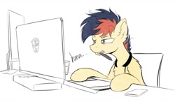 Size: 1467x858 | Tagged: safe, artist:draconidsmxz, oc, oc only, oc:draconidsmxz, earth pony, pony, computer, drawing tablet, messy mane, mouth hold, sitting, solo
