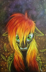 Size: 2988x4645 | Tagged: safe, artist:cahandariella, oc, oc only, pegasus, pony, angry, bust, colored pencil drawing, commission, female, mare, night, portrait, solo, sparks, stars, traditional art
