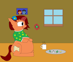 Size: 3512x2972 | Tagged: safe, artist:blazewing, oc, oc only, oc:syntax, oc:tough cookie, pony, unicorn, belly, chocolate, christmas, chubby, clothes, cookie, fat, female, food, framed picture, hearth's warming, high res, holiday, hooves on belly, hot chocolate, magic, mare, plate, plump, sitting, smiling, snow, solo, sweater, tongue out, window