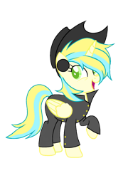 Size: 820x1184 | Tagged: safe, artist:block caidy, oc, oc only, oc:block caidy, alicorn, pony, 2021 community collab, derpibooru community collaboration, alicorn oc, clothes, female, hat, hooves up, horn, looking back, multicolored hair, simple background, solo, transparent background, wings, yellow skin