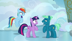 Size: 1920x1080 | Tagged: safe, screencap, rainbow dash, sky stinger, twilight sparkle, alicorn, pegasus, pony, g4, my little pony: friendship is magic, top bolt, female, male, mare, stallion, twilight sparkle (alicorn)