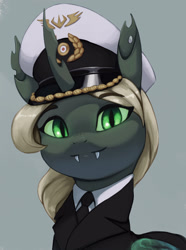 Size: 2235x3000 | Tagged: safe, artist:mrscroup, oc, oc only, oc:recina, changeling, equestria at war mod, bust, changeling oc, clothes, fangs, high res, portrait, solo