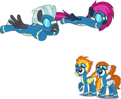 Size: 3751x3060 | Tagged: safe, artist:zacatron94, spitfire, thunderlane, oc, oc:neon flare, oc:sky chase, pegasus, pony, g4, clothes, commission, flying, goggles, high res, male, show accurate, simple background, stallion, transparent background, uniform, vector, wonderbolts uniform