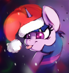 Size: 2769x2956 | Tagged: safe, artist:d0ublerainb0wdash, twilight sparkle, pony, unicorn, g4, :p, bust, christmas, colored pupils, cute, female, gradient background, hat, high res, holiday, horn, horn impalement, mare, portrait, redraw, santa hat, smiling, snow, snowfall, solo, tongue out, twiabetes, unicorn twilight, weapons-grade cute