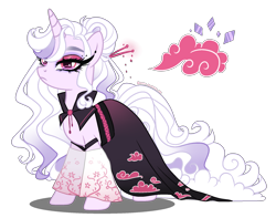 Size: 1900x1500 | Tagged: safe, artist:gihhbloonde, oc, oc only, unnamed oc, pony, unicorn, closed mouth, clothes, collar, detached sleeves, eyeshadow, female, frown, gradient mane, gradient tail, hair bun, horn, lidded eyes, lightly watermarked, long tail, magical lesbian spawn, makeup, mare, offspring, parent:rarity, parent:sable spirit, pink eyes, simple background, solo, standing, tail, transparent background, unicorn oc, watermark