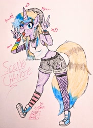 Size: 2616x3599 | Tagged: safe, artist:erynerikard, oc, oc only, oc:scene change, unicorn, anthro, anthro oc, belly button, blonde hair, blue eyes, blue mane, chest freckles, clothes, collar, converse, ear piercing, female, fishnet stockings, freckles, high res, lip piercing, mare, owo, piercing, rawr, scene, scene kid, shoes, socks, solo, striped socks, traditional art