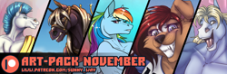 Size: 1520x500 | Tagged: safe, artist:sunny way, rainbow dash, oc, cyborg, dog, horse, pegasus, anthro, g4, clothes, cute, female, finished commission, furry, hercules, male, muscles, partial nudity, patreon, patreon reward, smiling, stallion, topless