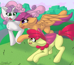 Size: 2211x1956 | Tagged: safe, artist:llametsul, apple bloom, scootaloo, sweetie belle, earth pony, pegasus, pony, unicorn, g4, adorabloom, bow, chest fluff, cute, cutealoo, cutie mark crusaders, diasweetes, ear fluff, female, filly, happy, horn, looking at each other, playing, running, smiling, trio, wings