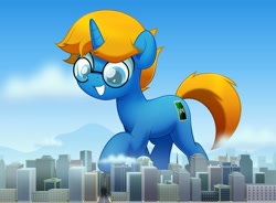 Size: 800x590 | Tagged: safe, artist:jhayarr23, oc, oc only, oc:jack chestnut, pony, unicorn, building, city, cloud, giant pony, glasses, macro, male, solo, stallion