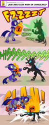 Size: 1000x2562 | Tagged: safe, artist:zoarvek, oc, oc:pun, changeling, pony, ask pun, agent 707, armor, ask, bipedal, bug spray, comic, coughing, crushed, insecticide, night guard armor, tongue out