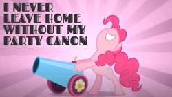 Size: 1920x1080 | Tagged: safe, edit, edited screencap, editor:quoterific, screencap, pinkie pie, earth pony, pony, g4, season 2, sweet and elite, bipedal, cannon, caption, female, mare, misspelling, nose in the air, party cannon, pinkamena diane pie, scary, solo