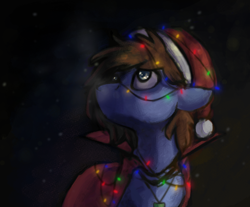 Size: 1240x1028 | Tagged: safe, oc, oc only, oc:bizarre song, pegasus, pony, broken horn, cape, christmas, christmas lights, clothes, hat, holiday, horn, jewelry, looking up, male, messy mane, necklace, night, santa hat, snow