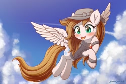 Size: 1920x1280 | Tagged: safe, artist:symbianl, oc, oc only, oc:brisk snow, pegasus, pony, blushing, clothes, cloud, cute, female, flying, hat, ocbetes, solo