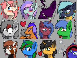 Size: 1024x768 | Tagged: safe, artist:skydreams, oc, oc:arcane word, oc:blissy, oc:cade quantum, oc:dioxin, oc:helium star, oc:lady foxtrot, oc:move, oc:scaramouche, oc:skitzy, oc:sparky showers, oc:staticspark, oc:wander bliss, alicorn, bat pony, bat pony alicorn, dragon, pegasus, red panda, sphinx, unicorn, anthro, :p, bat pony oc, bat wings, blank eyes, blowing bubbles, blushing, bubble, bubble wand, collar, disguise, disguised changeling, ear blush, ear piercing, earring, emoji, emotes, eyes closed, female, furry, furry oc, giggling, glasses, grin, heart, horn, hug, jewelry, love, male, mare, necklace, owo, patreon, patreon reward, piercing, raised eyebrow, rule 63, shocked, shocked expression, simple background, smiling, stallion, surprised, tongue out, transgender, white eyes, wings
