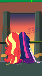 Size: 1078x1922 | Tagged: safe, artist:jcpreactyt, sci-twi, sunset shimmer, twilight sparkle, equestria girls, g4, my little pony equestria girls: better together, bed, clothes, couple, curtains, duo, duo female, female, hair, hugs needed, hugs?, lesbian, pun, relationship, ship:sci-twishimmer, ship:sunsetsparkle, shipping, sitting, skirt, sunset, sunshine shimmer, together, window