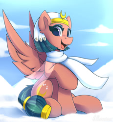 Size: 1850x2000 | Tagged: safe, artist:shadowreindeer, somnambula, pegasus, pony, g4, clothes, cute, female, looking at you, mare, open mouth, raised hoof, scarf, sitting, smiling, snow, solo, somnambetes, winter