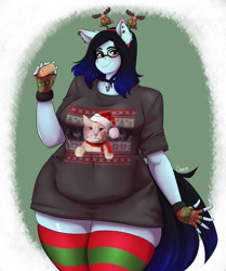 Size: 1071x1280 | Tagged: safe, artist:chango-tan, oc, oc only, earth pony, anthro, belly, blushing, breasts, cake, choker, christmas, chubby, clothes, digital art, ear piercing, earring, fat, female, food, glasses, holiday, jewelry, looking at you, piercing, simple background, smiling, smiling at you, socks, solo, striped socks, tail, thighs, wide hips
