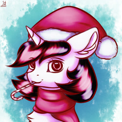Size: 2000x2000 | Tagged: safe, artist:brilliant-luna, oc, oc only, oc:blackjack, pony, fallout equestria, fallout equestria: project horizons, bust, candy, candy cane, chest fluff, christmas, clothes, ear fluff, fanfic art, female, food, hat, high res, holiday, santa hat, scarf, solo
