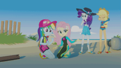 Size: 853x480 | Tagged: safe, artist:aquilateagle, applejack, fluttershy, rainbow dash, rarity, human, aww... baby turtles, equestria girls, g4, my little pony equestria girls: better together, 3d, absurd file size, absurd gif size, animated, applejack's beach shorts swimsuit, beach, blender, cap, clothes, female, fluttershy's wetsuit, geode of fauna, geode of super speed, geode of super strength, gif, hat, magical geodes, ocean, recreation, sandals, sarong, sun hat, swimsuit, wetsuit