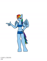 Size: 1700x2200 | Tagged: safe, artist:baroquewolfe, rainbow dash, anthro, unguligrade anthro, g4, bikini, blue swimsuit, breasts, cleavage, clothes, hand on hip, looking at you, simple background, solo, swimsuit, white background, wings