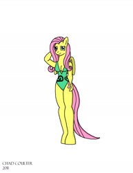 Size: 1700x2200 | Tagged: safe, artist:baroquewolfe, fluttershy, anthro, unguligrade anthro, g4, arm behind head, breasts, cleavage, clothes, green swimsuit, looking at you, one-piece swimsuit, shy, simple background, solo, swimsuit, tail, white background, wings