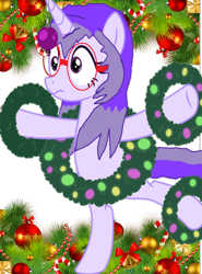 Size: 1250x1689 | Tagged: safe, artist:mellow91, oc, oc only, oc:glass sight, pony, unicorn, adorkable, balancing, bipedal, candy, candy cane, christmas, christmas wreath, cute, dork, food, frame, glasses, hearth's warming, holiday, horn, horn jewelry, jewelry, ribbon, simple background, solo, transparent background, wide eyes, wreath