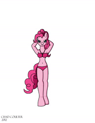 Size: 1700x2200 | Tagged: safe, artist:baroquewolfe, pinkie pie, anthro, unguligrade anthro, g4, bedroom eyes, belly button, bikini, clothes, looking at you, pink swimsuit, simple background, smiling at you, solo, swimsuit, tail, white background