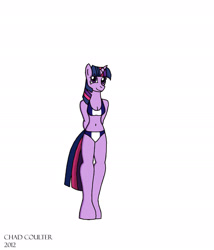 Size: 2000x2337 | Tagged: safe, artist:baroquewolfe, twilight sparkle, alicorn, anthro, unguligrade anthro, g4, arm behind back, belly button, bikini, blue swimsuit, breasts, cleavage, clothes, cute, high res, horn, looking at you, simple background, smiling at you, solo, swimsuit, tail, twiabetes, twilight sparkle (alicorn), white background
