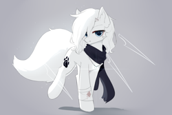 Size: 1500x1000 | Tagged: safe, artist:heddopen, oc, oc only, oc:loulou, earth pony, pony, bandage, clothes, ear fluff, female, fluffy tail, gray background, injured, jewelry, looking at you, mare, necklace, pure white, scarf, short hair, simple background, solo