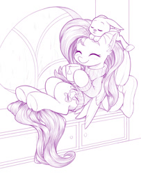 Size: 1280x1578 | Tagged: safe, artist:dstears, angel bunny, fluttershy, pegasus, pony, rabbit, g4, angelbetes, animal, blushing, clothes, comfy, cozy, cute, duo, ear fluff, eyes closed, female, food, frog (hoof), indoors, leaning back, male, mare, monochrome, mug, pillow, rain, shyabetes, sitting, sitting on head, smiling, sweater, tea, underhoof, window