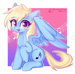 Size: 2150x2124 | Tagged: safe, artist:inaba_hitomi, oc, oc only, pegasus, pony, cute, high res, music notes, ocbetes, open mouth, raised hoof, sitting, solo