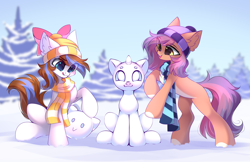 Size: 4777x3100 | Tagged: safe, artist:airiniblock, oc, oc only, oc:breezy, oc:vesper, pony, rcf community, beanie, bow, chest fluff, clothes, commission, cute, duo, happy, hat, pale belly, scarf, snow, snowpony, white belly, winter, winter hat